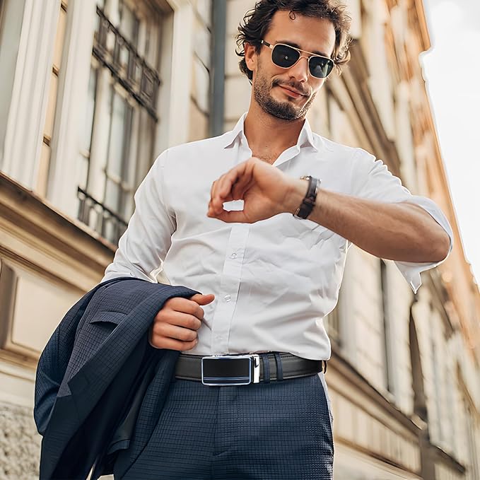 AivaToba Men’s Leather Belt, Automatic Buckle Ratchet Belt, Dress Belt Adjustable Slide Belt For Mens Dress Casual Pant, width 35mm.