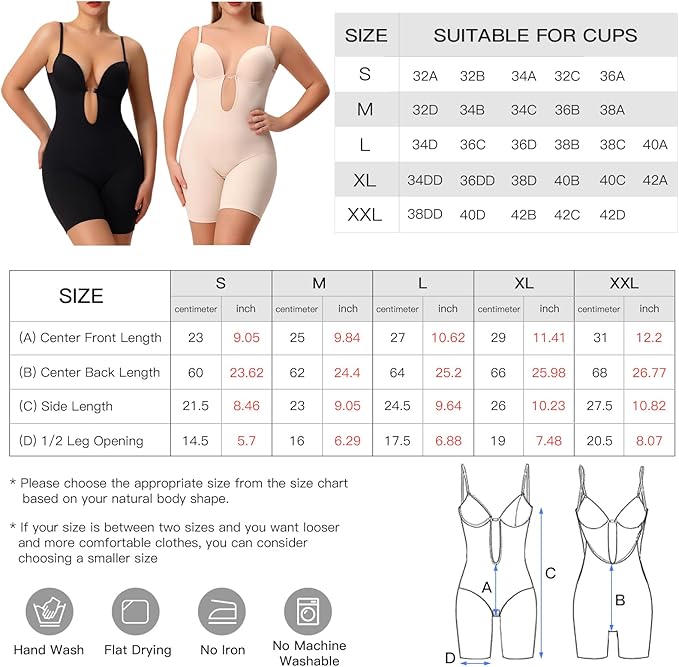 Slimers Women Backless Shapewear Bodysuit Tummy Control Full Body Shaper Low Back V Neck Shaping Bodysuit With Built In Bra, Beige, Small