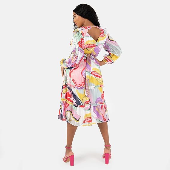 Lovedrobe Women's Plus Size Ladies Long Sleeve Maxi Dress Abstract Print Bishop Back Hole V-Neckline Faux Wrap Tie Belt Size 18