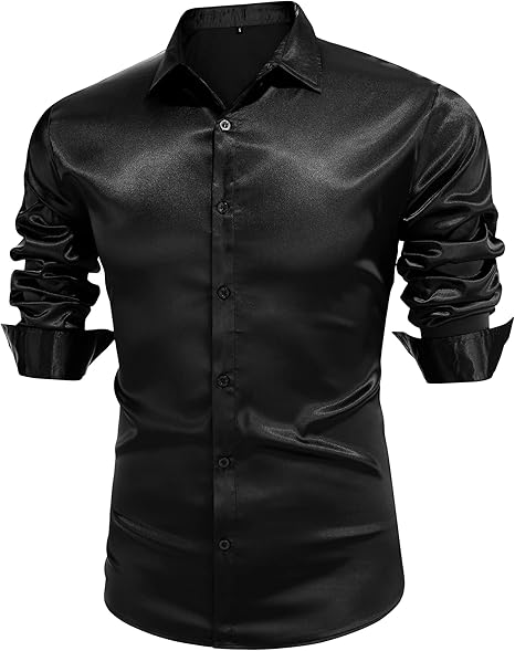 URRU Men's Luxury Shiny Silk Like Satin Dress Shirt Long Sleeve Casual Slim Fit Muscle Button Up Shirts Black L