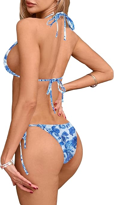 GORGLITTER Women's Floral Print Bikini Set Triangle Halter Bra and Tie Side Bikini Bottom 2 Piece Swimsuit Bathing Suits Floral Blue Small