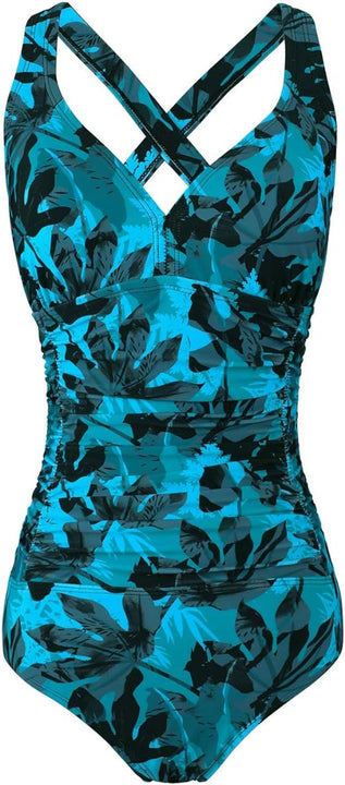 F FLYRONG FLYRONG Swimming Consume for Women V Neck One Piece Tummy Control Swimsuits for Women Swimwear, Large, Print- Palm Leaf
