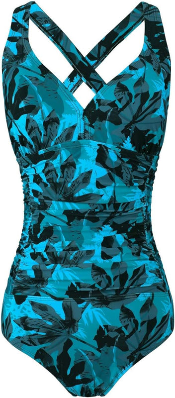 F FLYRONG FLYRONG Swimming Consume for Women V Neck One Piece Tummy Control Swimsuits for Women Swimwear, Large, Print- Palm Leaf