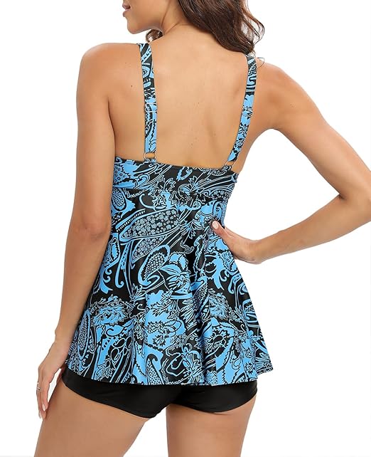 Adigaber Women Two Piece Bathing Suit Top Cross Floral Printed Swim Dress Tummy Control Tankini with Boyshorts,Dark Blue,L