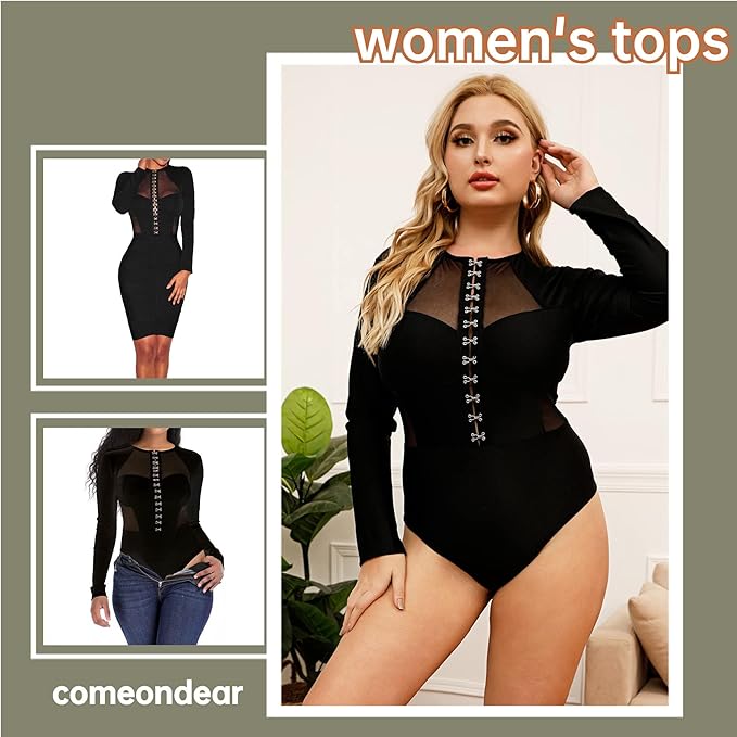 comeondear Women Lingerie Mesh Lace Long Sleeve Leotard Bodysuit Jumpsuit Clubwear Tops, Black 3, UK10-12(X-Large)