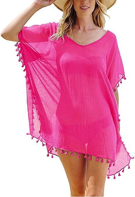 Edhomenn Women Chiffon Beachwear Tassel Bikini Cover Up Short Beach Dress Solid See-Through Swimsuit Summer Casual Swimwear (Pink, One Size)