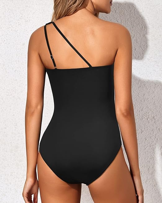 Holipick One Shoulder One Piece Swimsuit for Women Tummy Control Bathing Suits Modest Full Coverage Keyhole Swimwear, Black, Medium