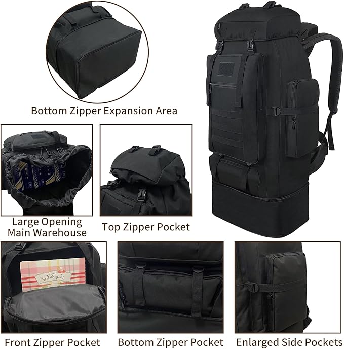 Vaupan Hiking Backpack, 100L Large Camping Backpack, Expandable Waterproof Molle Rucksack, Outdoor Sport Travel Daypack Military Tactical Backpack for Men Women (Black)