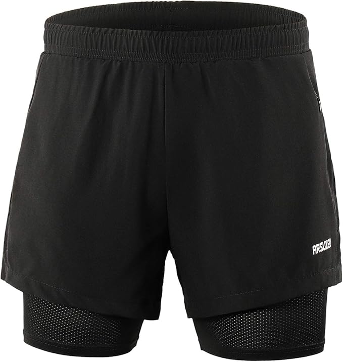 ARSUXEO Men's 2 in 1 Running Shorts Breathable Zipper Pocket B202 Black Size Large