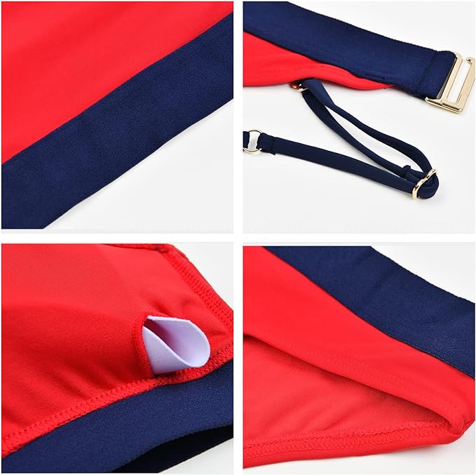 iSLASISIA Women’s Bikini Swimsuit Criss Cross Back Triangle Bikini Tie Back Bikini Set Two Piece Swimsuits (Red & Blue,UK8)