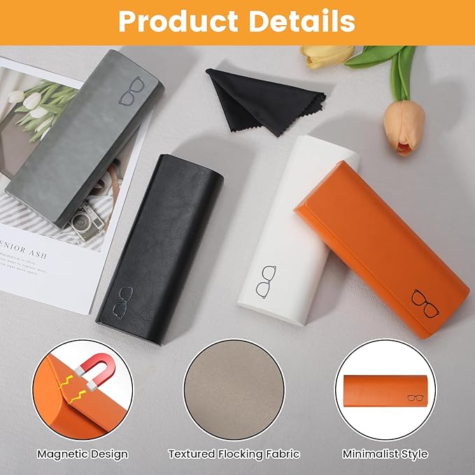 KATIMI 4PCS Glasses Case Hard Shell PU Leather Women Men, Magnetic Hard Glasses Case with 4 Cleaning Cloth for Sunglasses Storage, Portable Hardshell Eyeglasses Case (4 Colours)
