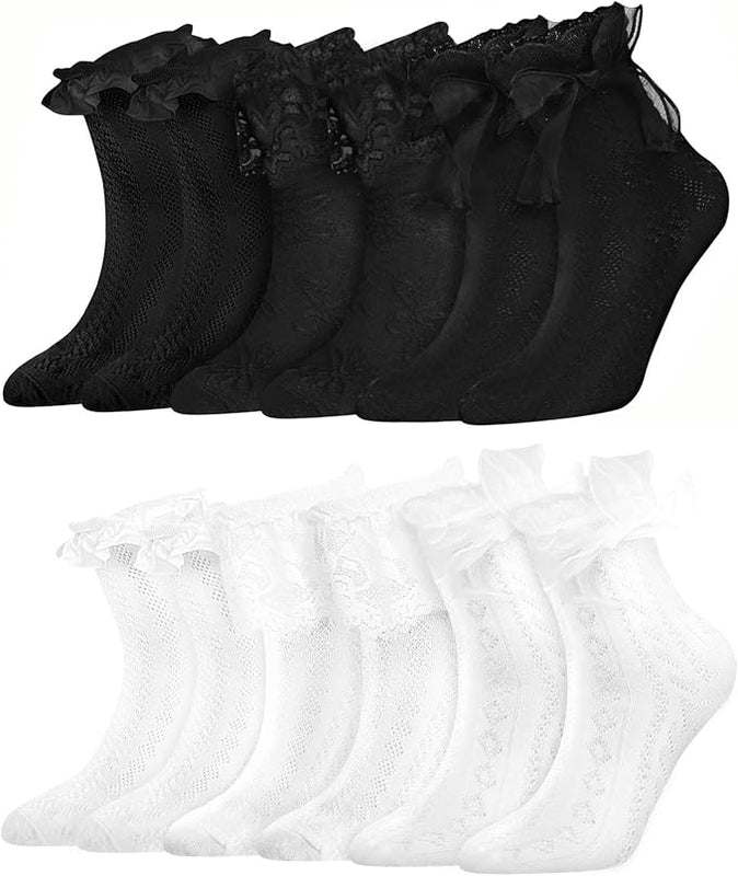 GOZINA 6 Pairs Frilly Socks Women White Black Ruffle Socks Cute Bow Ballet Socks Ankle Socks Cotton Socks Set for Adult Women Girls