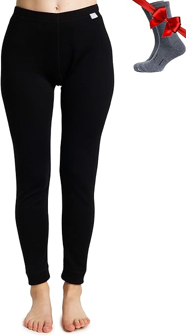Merino Wool Base Layer Womens Leggings 100% Merino Thermal Underwear Pants for Women Midweight + Wool Socks