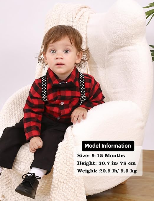 mintgreen Baby Boy Suit, Wedding Outfit Bodysuit Gentleman Clothing Set Suspender Trousers + Shirt, Black & Red, 6-9 Months, 70