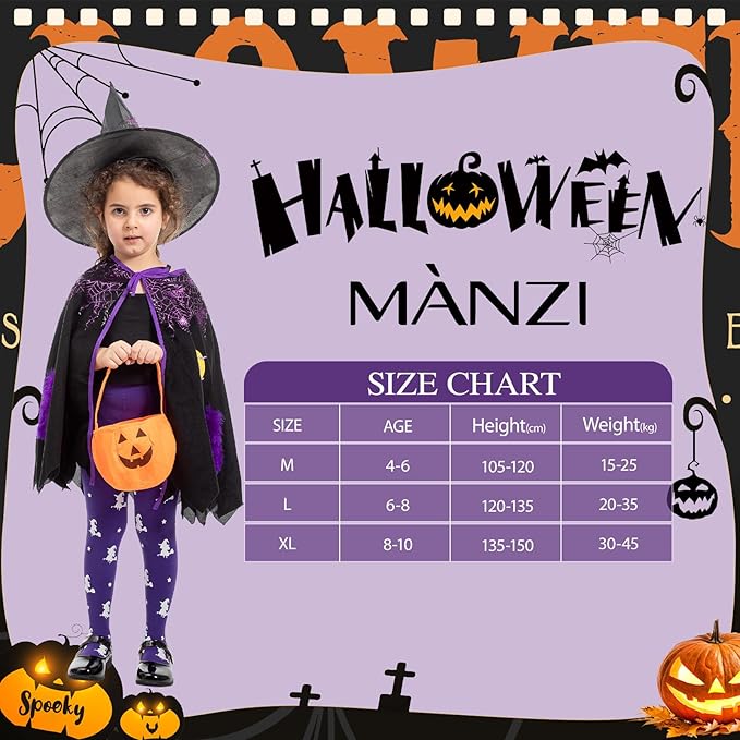 MANZI Girl's Halloween Witch Print Purple Tights for Girls Childrens Halloween Fancy Dress XL Age 8-10