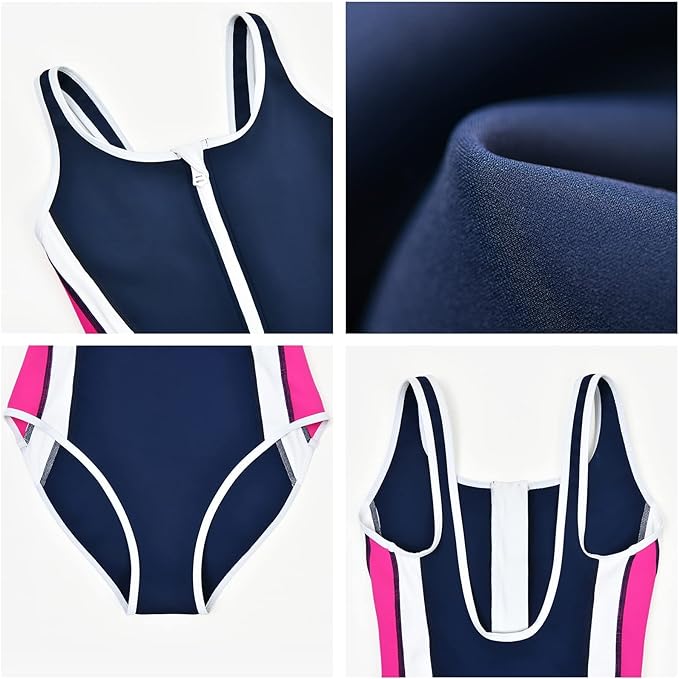 Veranobreeze Ladies Swimsuit One Piece Swimming Costume Black Athletic Swimsuit Modest Swimwear(Rose Red & Dark Blue, UK12)