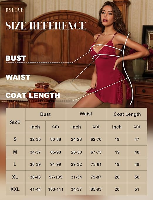 RSLOVE Lingerie for Women Sexy Babydoll Lace Nightdress Chemise Negligees Wine Red, L