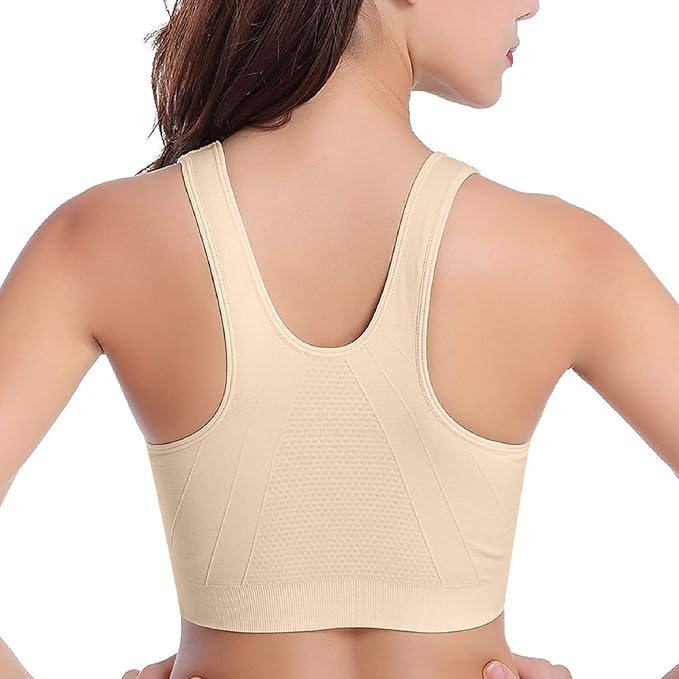 Tuopuda Women's Sports Bra Zip Front Comfy Post Surgery Bra High Impact Wireless Sports Running Bra Cross Back Support Bra with Removable Pads Yoga Bra for Workout Fitness, L