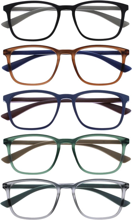Opulize Max Reading Glasses 5 Pack - Classic Large Rectangular Frame - Matt Black Brown Blue Green Grey - Men's Women's - Spring Hinges - RRRRR78-12367 - +3.50