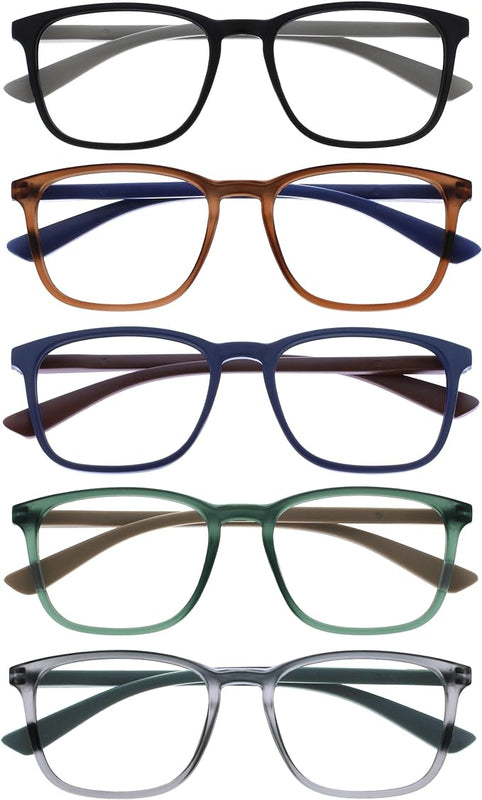 Opulize Max Reading Glasses 5 Pack - Classic Large Rectangular Frame - Matt Black Brown Blue Green Grey - Men's Women's - Spring Hinges - RRRRR78-12367 - +3.50