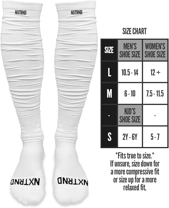 Nxtrnd XTD Scrunch Football Socks, Extra Long Padded Sports Socks for Men & Boys, White, Large
