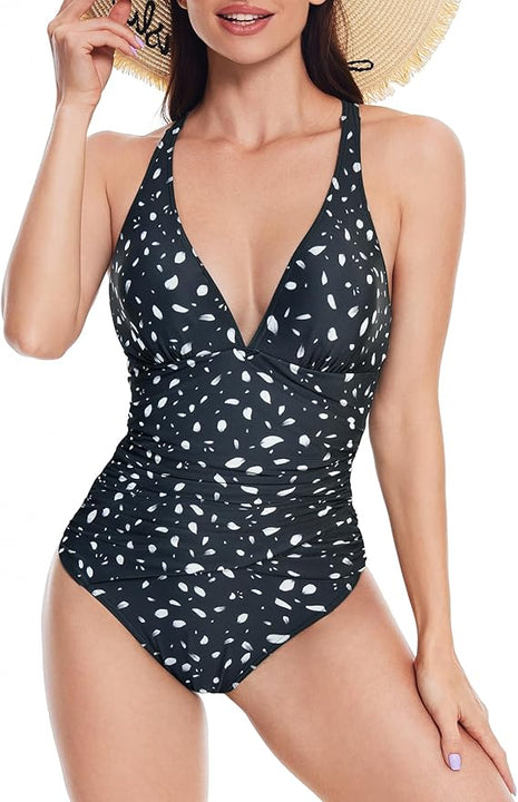 Veranobreeze Women's One Piece Swimsuit, V Neck Tummy Control Women Swimwear, Ruched Front Crisscross Back Push Up Swimming Costume(Black-Petals UK12)
