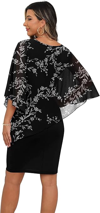 QIXING Womens Summer Casual Dress Loose Batwing Sleeve Crew Neck Chiffon Cape Elegant Midi Cocktail Pencil Dresses for Women UK for Funeral Party Wedding (FP White Leaf-Black, XL)