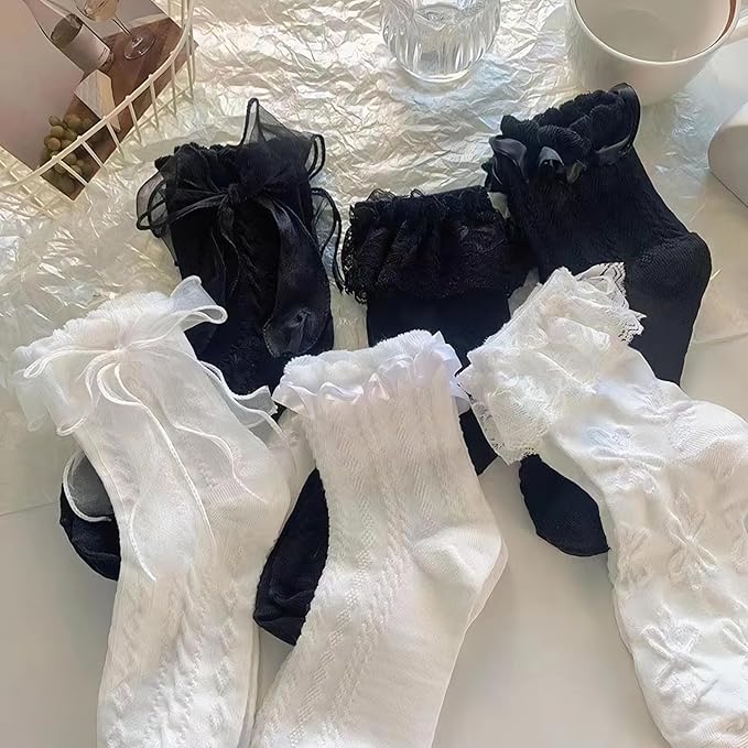 GOZINA 6 Pairs Frilly Socks Women White Black Ruffle Socks Cute Bow Ballet Socks Ankle Socks Cotton Socks Set for Adult Women Girls