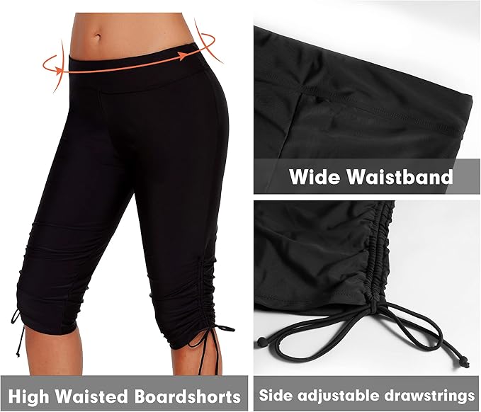ECUPPER Womens Swimming Leggings Shorts Knee Length Capris Swimsuit Pant Plus Size Swim Bottoms, Black, L