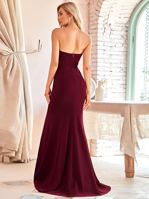 Ever-Pretty Women's Strapless Empire Waist Bodycon Mermaid Floor Length Elegant Bride Dresses for Wedding with Cathedral Train Burgundy 12UK
