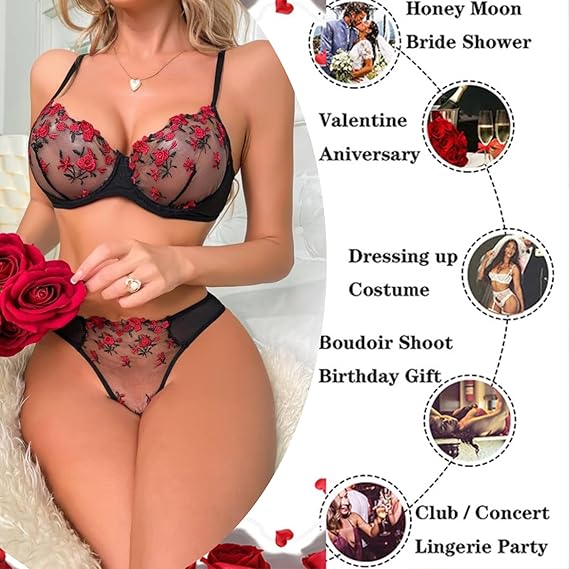 ROSVAJFY Women's Sexy Lingerie Set with Floral Embroidery, Mesh Push Up Underwear Set 2 Pieces, Underwire Bra and Panties Set Elegent Lingerie with Adjustable Spaghetti Straps (Black, L)