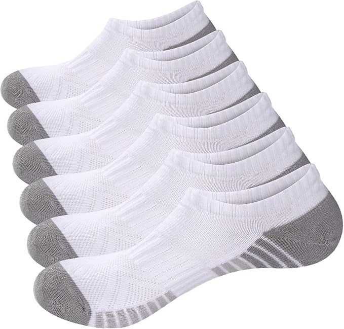 YUEDGE Womens Trainer Socks White Low Cut Ankle Socks Breathable Cotton No Show Cushioned Running Socks Invisible Sports Socks for Women Size 4-7, Multipack, 6 Pairs