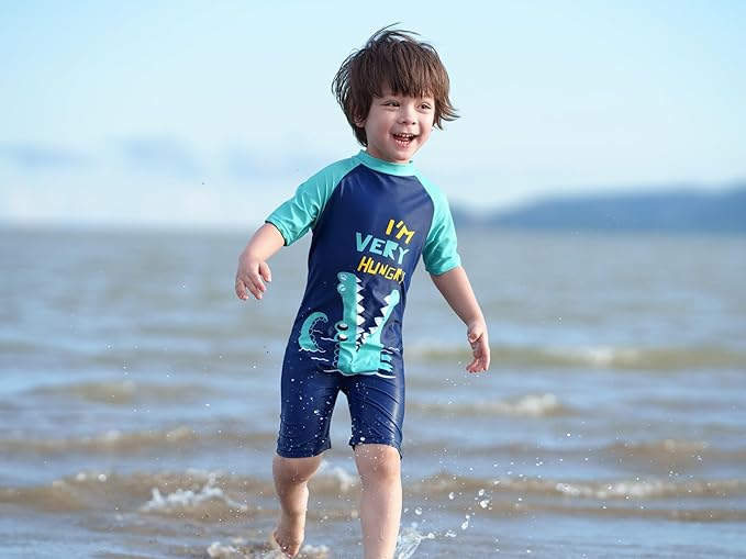 Ewbob Boy Swimsuit Sun Protection Short Sleeve Bathing Suit Kids Crocodile All in One Piece Swimwear Ages 18 Months to 6 Years Swim Costume for Swimming Lessons, Beach and Pool, 4-5Y