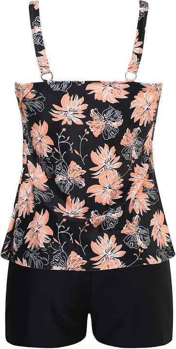 DOULAFASS Women Ruffle Tankini Set with Boyshort 2 Piece Plus Size Swimsuit Swimwear Pink/Black, L