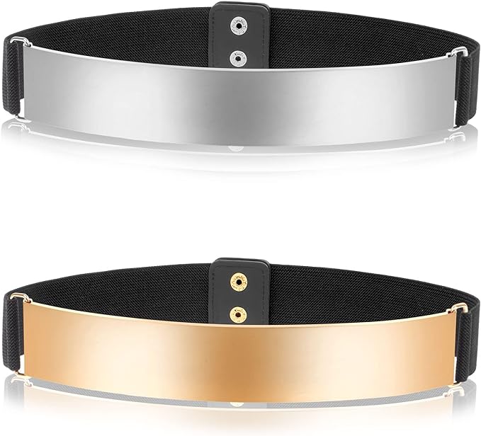 Uoeo 2 Pieces Women Elastic Mirror Metal Waist Belt Fashion Vintage Stretch Wide Waist Belt Metallic Waistband for Women Dress Decoration, Gold/Sliver