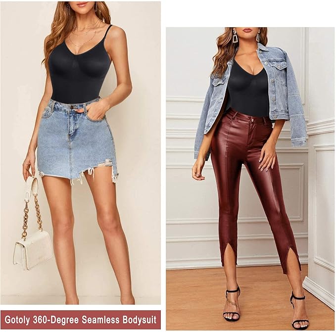 Gotoly Women Slimming Bodysuits Shapewear Tops Tummy Control Body Shaper Spaghetti Strap Camisole Leotards Bodycon Jumpsuit (Black, XL-XXL)