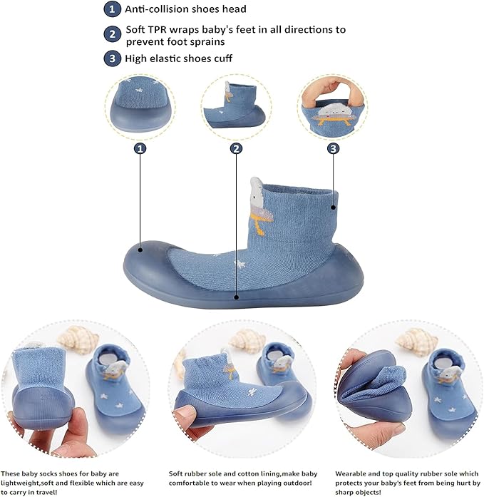 Non-Slip Baby Toddler Sock Shoes Cute Kid First Walking Shoes Pre-Walker Baby Slipper Socks with Rubber Soles Baby Girls Boys Soft Sole Shoe Socks Sneakers Trainers, Blue / 18-30 Month/13-14cm