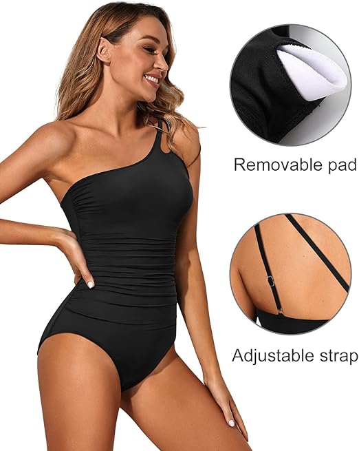 Holipick One Shoulder One Piece Swimsuit for Women Tummy Control Bathing Suits Modest Full Coverage Keyhole Swimwear, Black, Medium