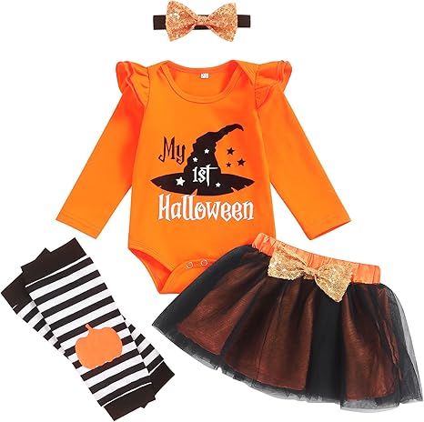 Baby Girl My First Halloween Christmas Clothes Set Romper+Shorts Bow 4PC Newborn Christmas Halloween Outfits