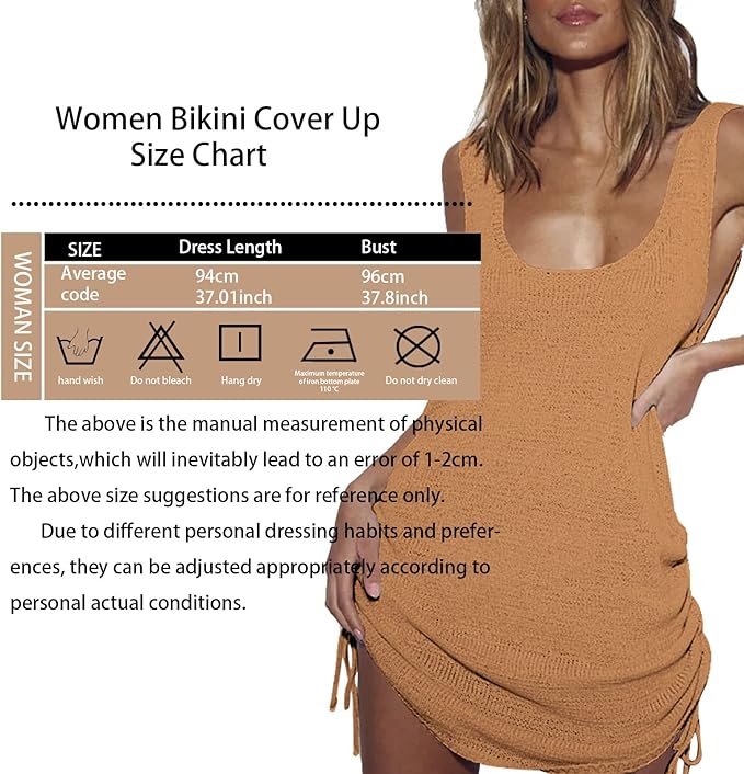 Baynetin Women Crochet Bikini Cover Up Backless Knitted Swimsuit Tank Top Summer Scoop Neckline Sexy Sleeveless Coverups Beach Tank Dress with Drawstring (Brown, One Size)