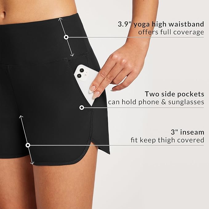 baleaf Swim Shorts Womens Tummy Control High Waisted Swimming Board Shorts with Pockets Liner Quick Dry 3'' UPF 50+ Black M