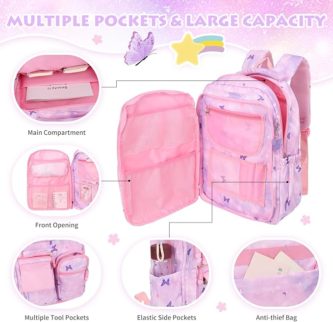 BYXEPA Girls Backpack, 43 x35 x17cm School Backpacks for Girls, Cute Book Bag with Compartments for Girl Kid Students Elementary School