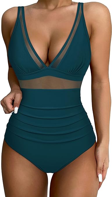 DOULAFASS Sexy Mesh Swimming Costume Women Tummy Control Swimsuit V Neck Padded One Piece Swimwear, Green, XL