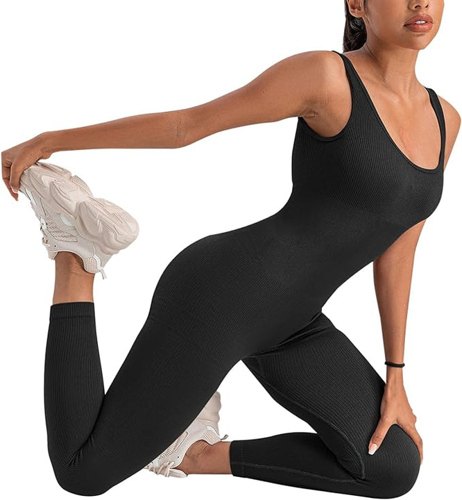 Jetjoy Women Ribbed Jumpsuit Yoga Bodycon Square Neck Sleeveless Sports Romper All In One Jumpsuit Stretchy Overall Workout Ladies Outfit Playsuit S