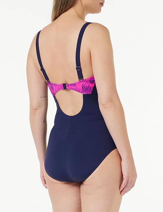 Speedo Women's Shaping Printed OpusGem DD+ 1 Piece Swimsuit | Shapewear | Beach and Holiday Swimwear, Black/Pure Blue/Bloominous Pink/Cupid Coral, 38