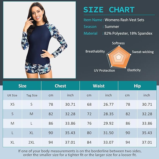 Sillictor Rash Vest Women Swimming Tops UV Womens Swim Shorts and Top Set Ladies 2 Piece Long Sleeve Swimsuits for Women Rash Guard Shirts with Build in Bra for Surfing,Quick Dry 2304