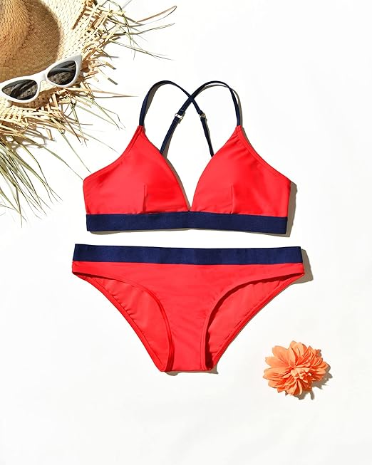 iSLASISIA Women’s Bikini Swimsuit Criss Cross Back Triangle Bikini Tie Back Bikini Set Two Piece Swimsuits (Red & Blue,UK8)