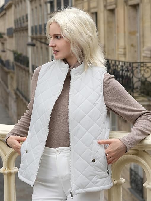 fuinloth Women's Quilted Gilet, Lightweight Body Warmer Padded Outdoor Vest Sleeveless Jacket White Large