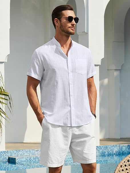 Enlision Mens White Linen Shirts Short Sleeve Grandad Collar Shirt for Men Summer Casual Collarless Henley Top Button Down for Wedding Beach Holiday L