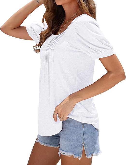 WNEEDU Ladies Tops Square Neck T Shirts for Women UK Summer Puff Short Sleeve Blouses Pleated Tunic Tshirts Flowy Elegant Casual Tee White S